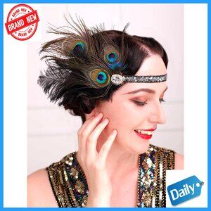 1920s Feather Headband with Sequins, Masquerade Hair Accessory, Handmade